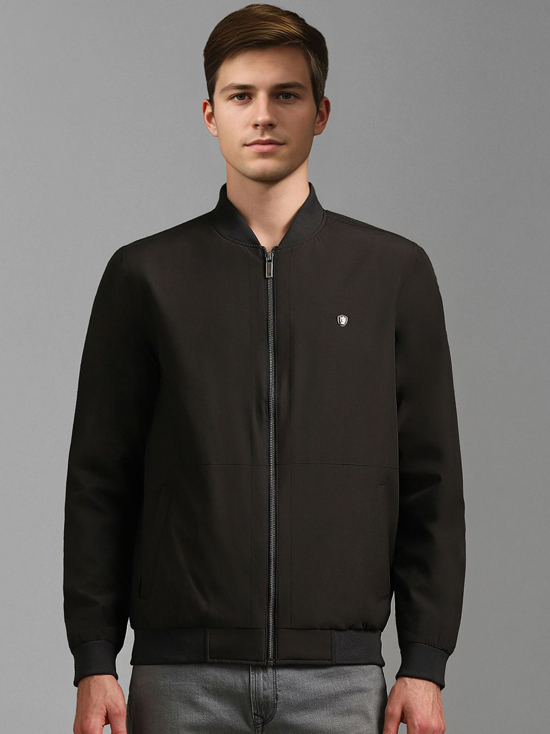 Louis Philippe Self Design Front Open Mock Collar Jacket