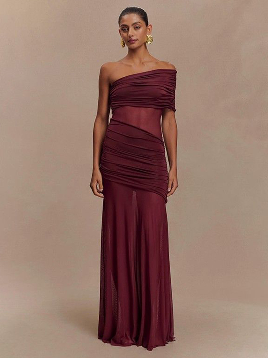 bebe Sheer Mesh One-Shoulder Ruched Bodycon Maxi Dress