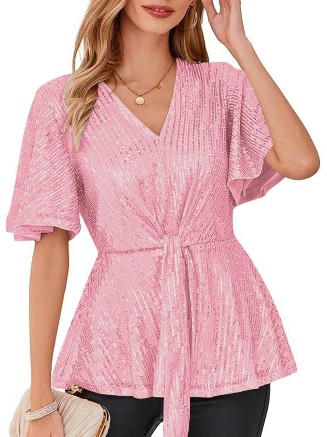 StyleCast Pink Sequined V-Neck Peplum Party Top