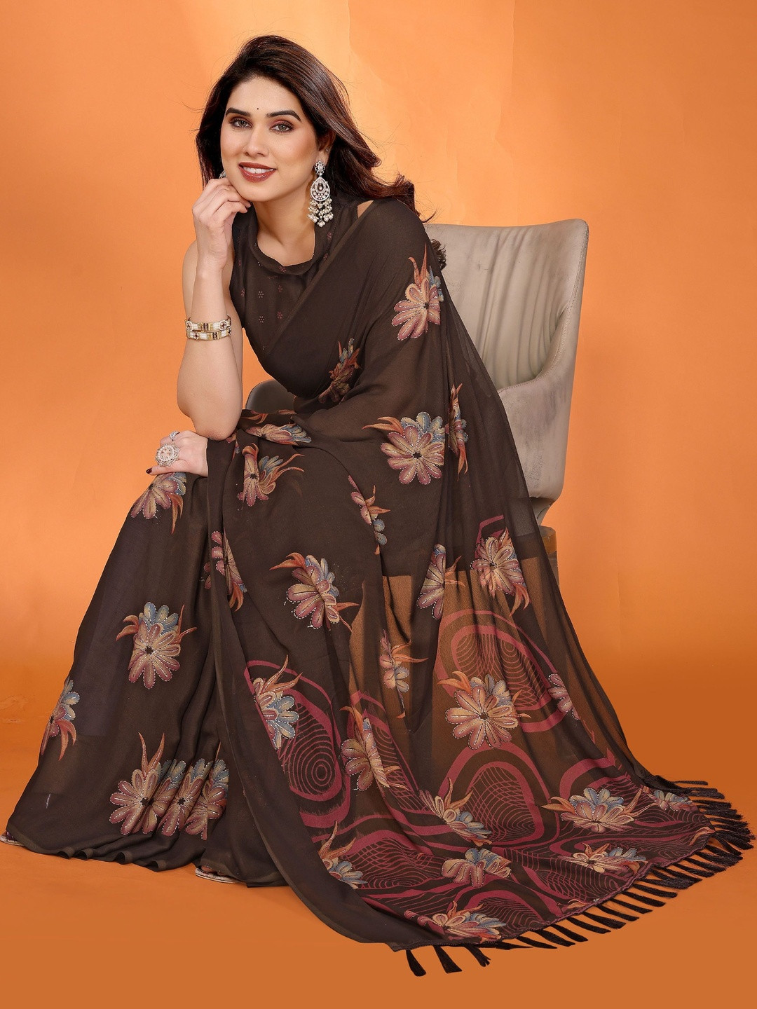 KALINI Brown Satin Printed Sarees