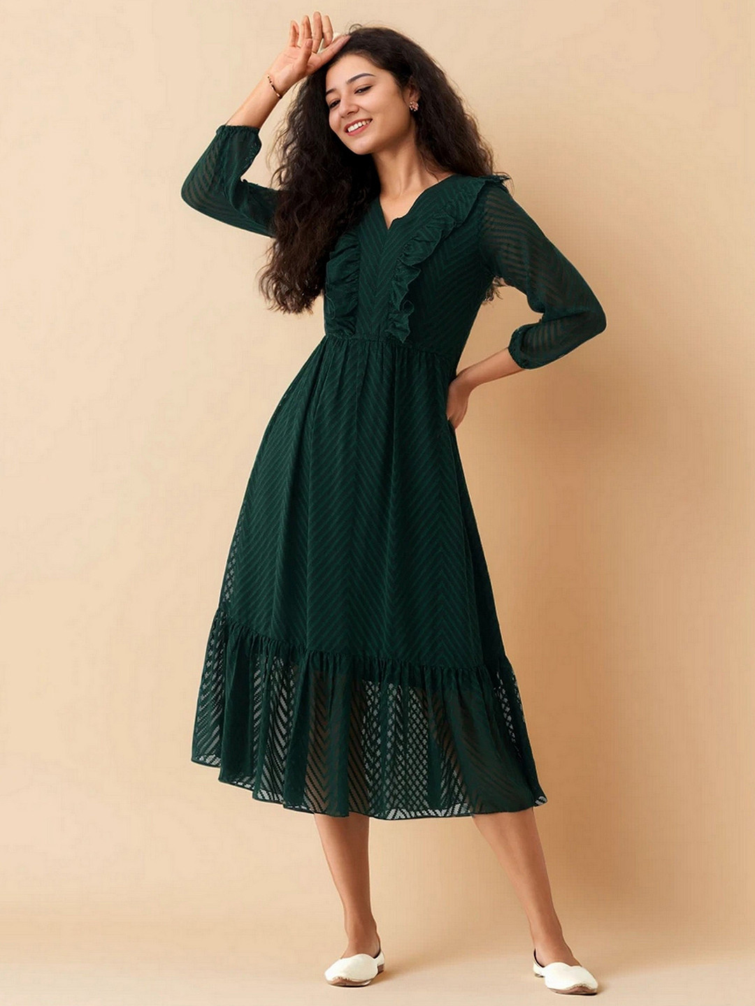 AASK Women Print Green Self Design Crepe Puff Sleeve Fit & Flare Calf Length Dress