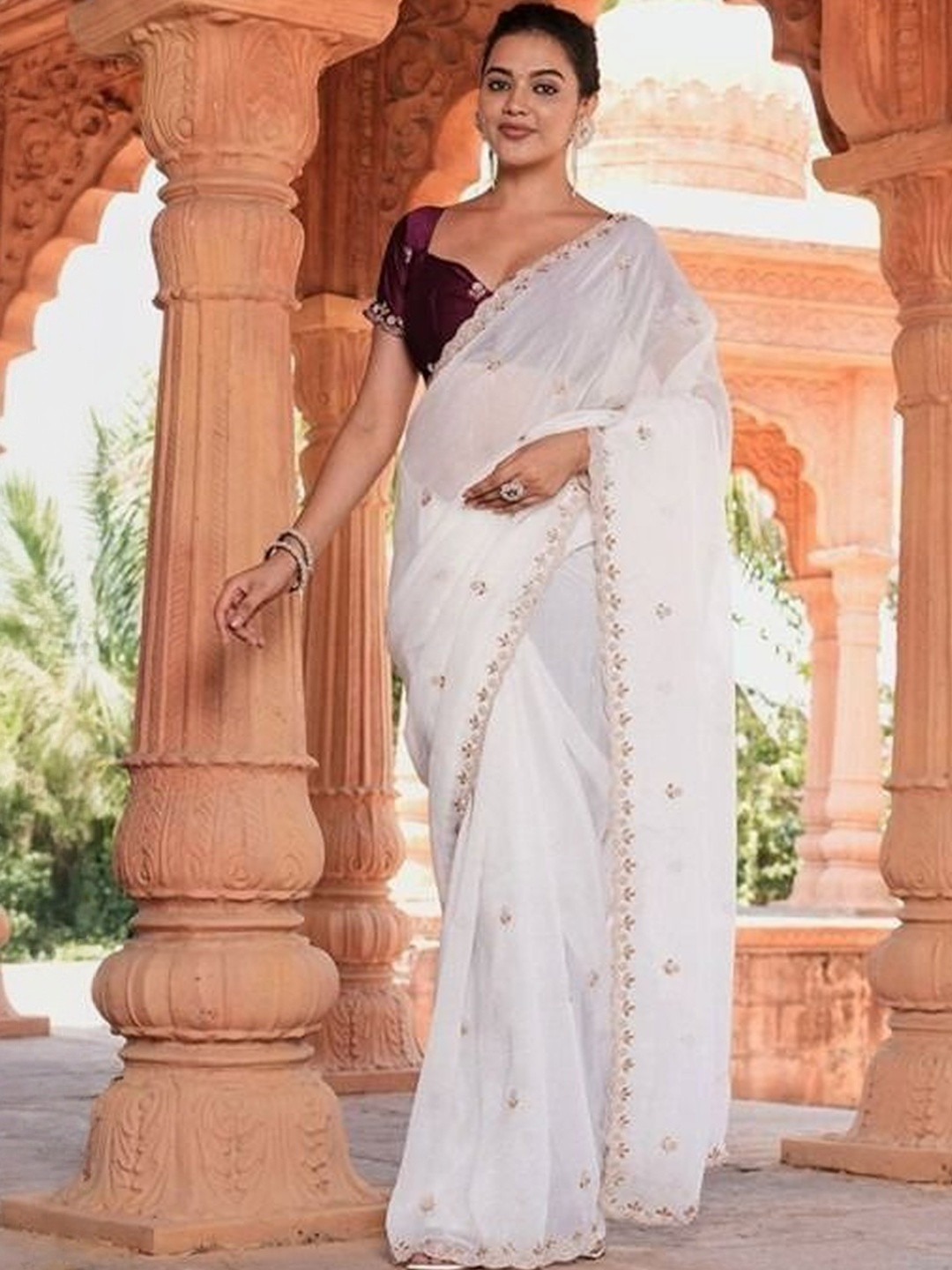 Elite Fashion White Pure Chiffon Embroidered Sarees