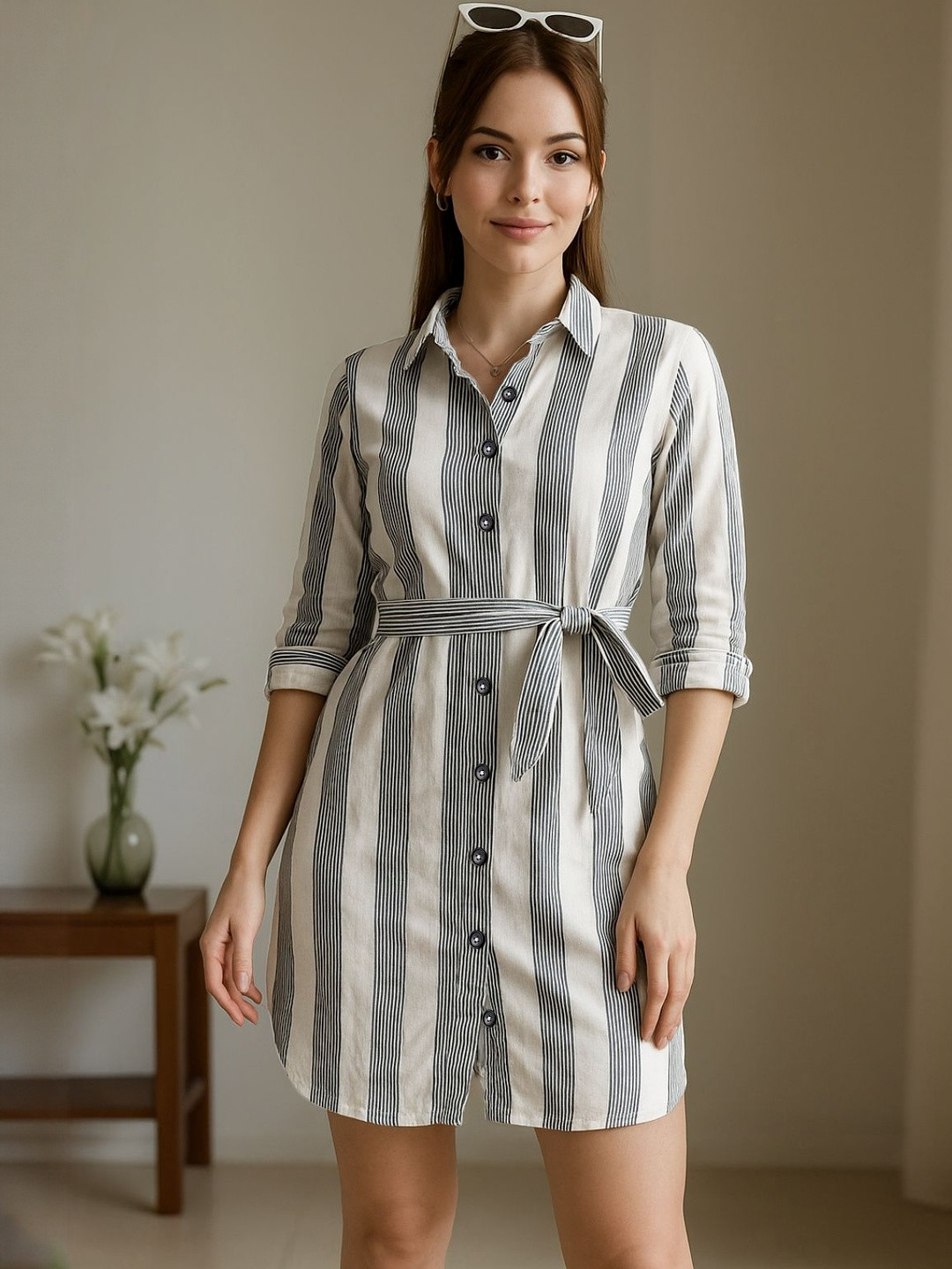 Martini Striped Shirt Collar Roll-Up Sleeves Linen Shirt Dress With belt