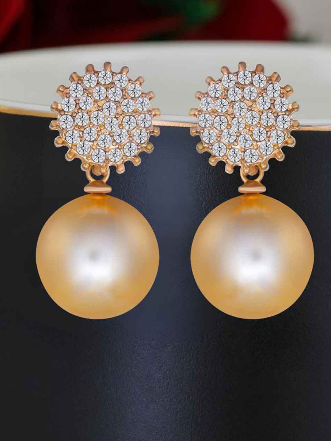 RICH AND FAMOUS Gold Plated AD Studded And Zircon Crystal Beaded Spherical Drop Earrings