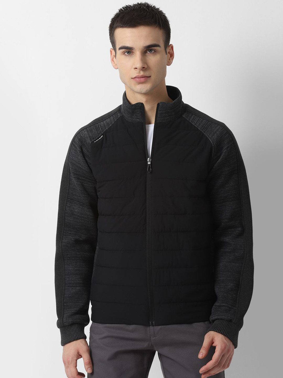 Louis Philippe Sport Geometric Self Design Mock Collar Open Front Jacket