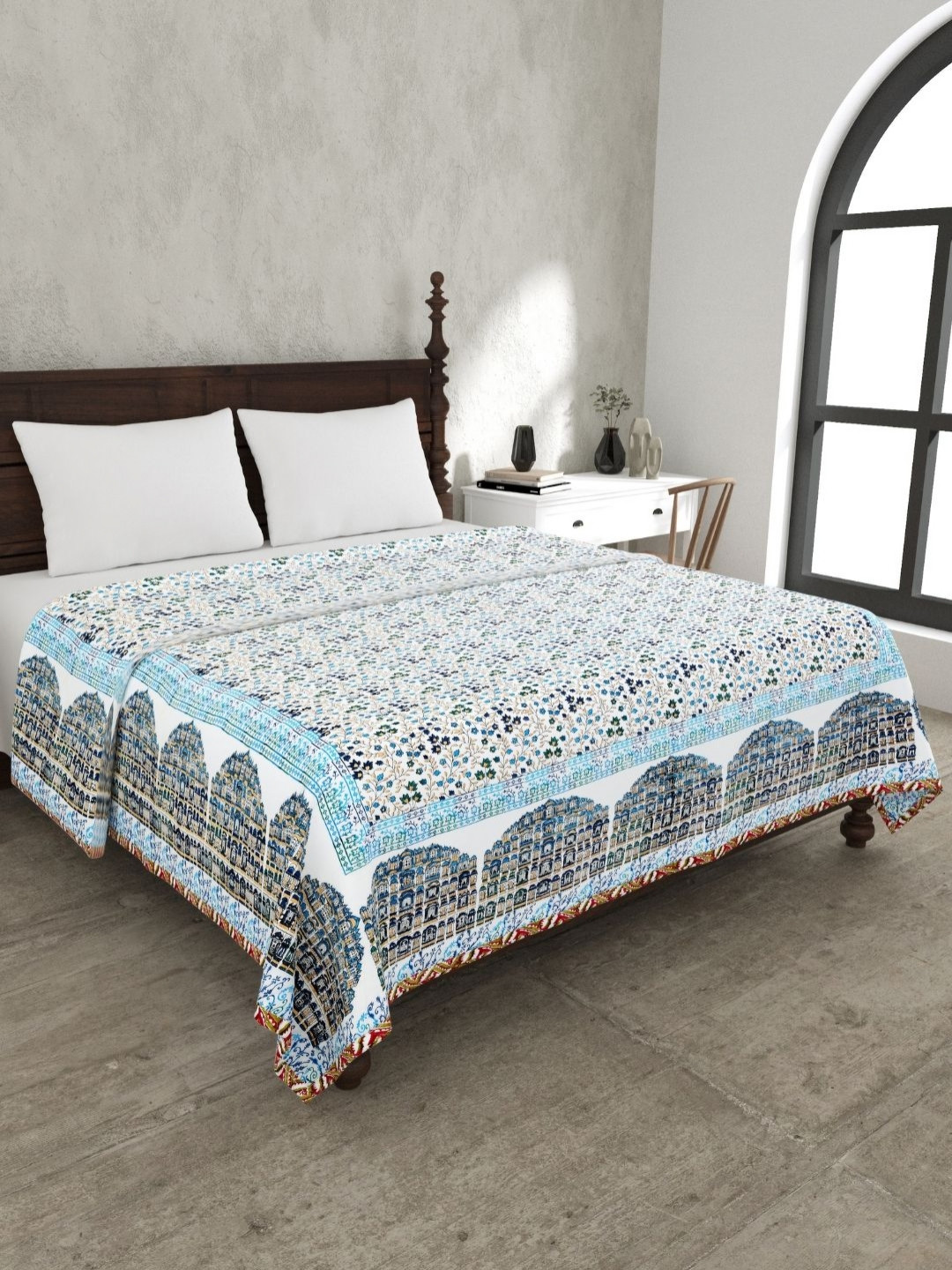 The Craft Monk Blue & Green Floral Pure Cotton AC Room 150 GSM Double Bed Dohar