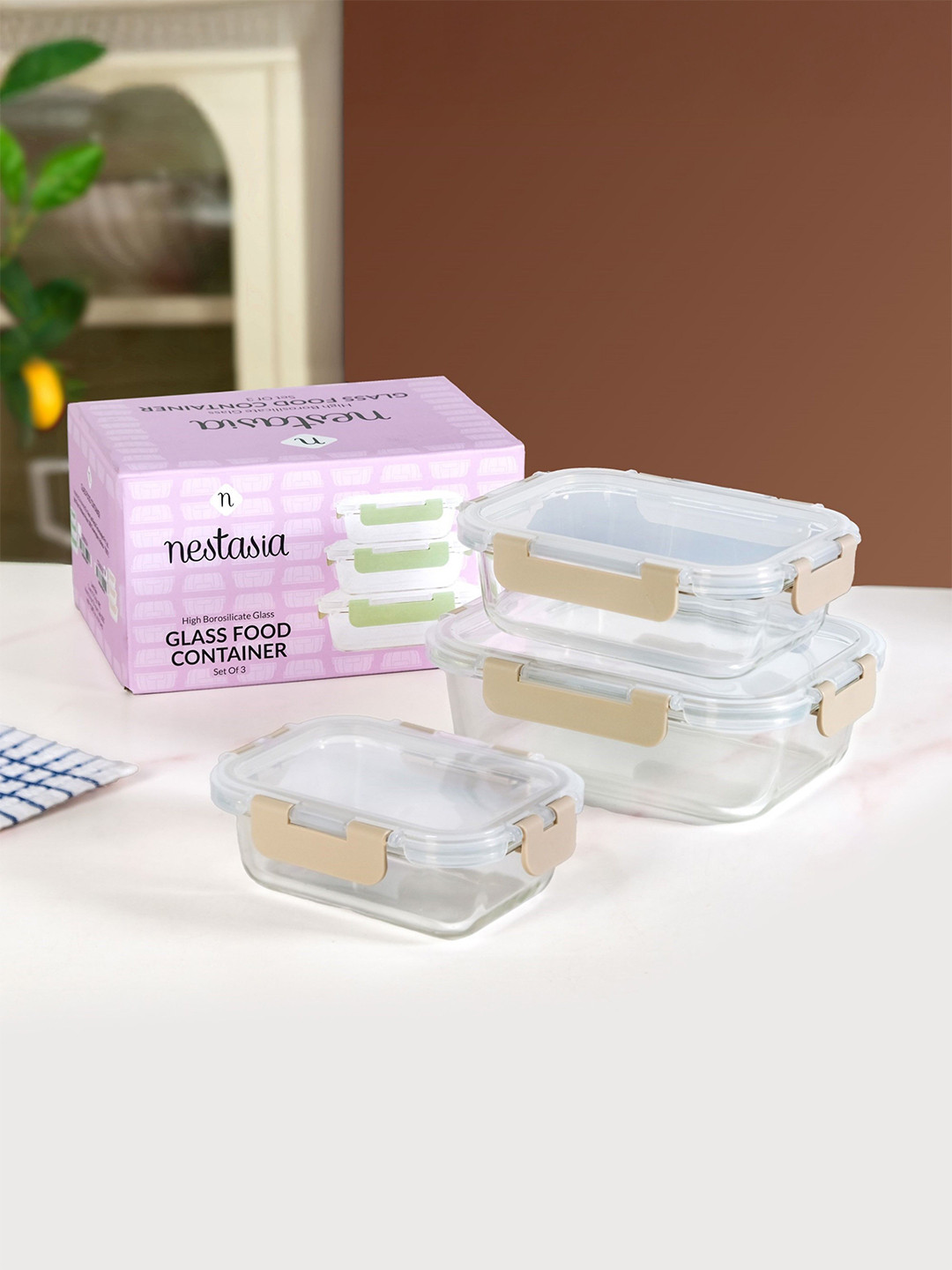 Nestasia Unisex Transparent 3 Pieces Borosilicate Glass Fridge Containers