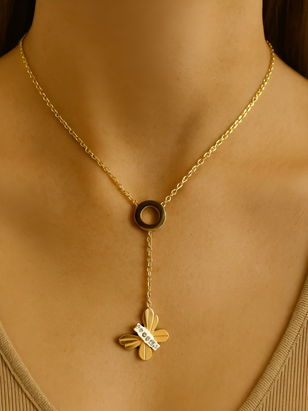 The Jewellery Tale Stainless Steel Gold-Plated Stones Studded Butterfly Minimal Necklace