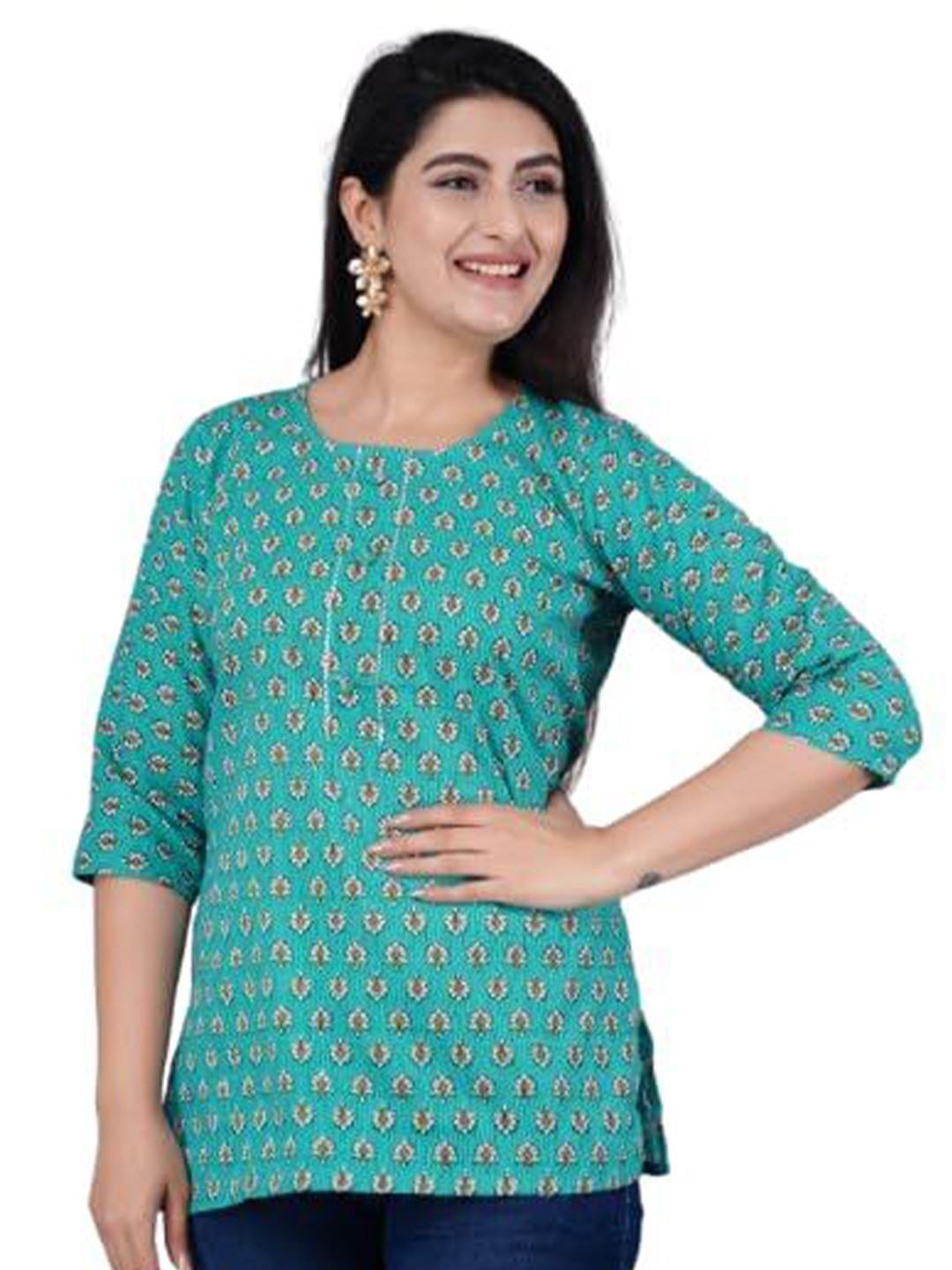 Stylelogue Women Ethnic Motifs Printed Round Neck Pure Cotton Straight Kurti