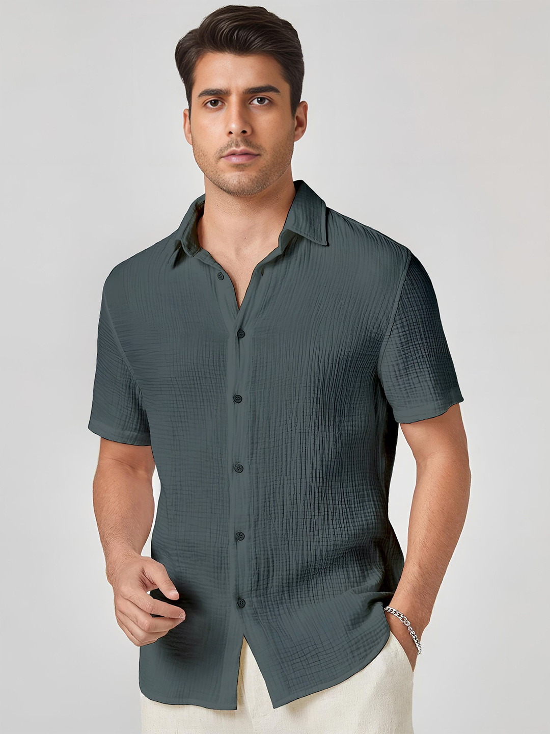 WEBRIC Standard Spread Collar Textured Cotton Opaque Shirt