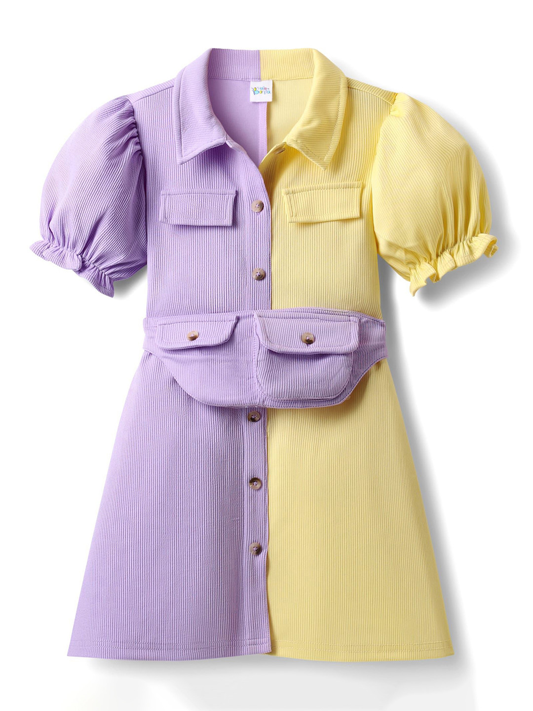 Hola Bonita Girls Colourblocked Puff Sleeves Shirt Dress with Attached Waist Bag