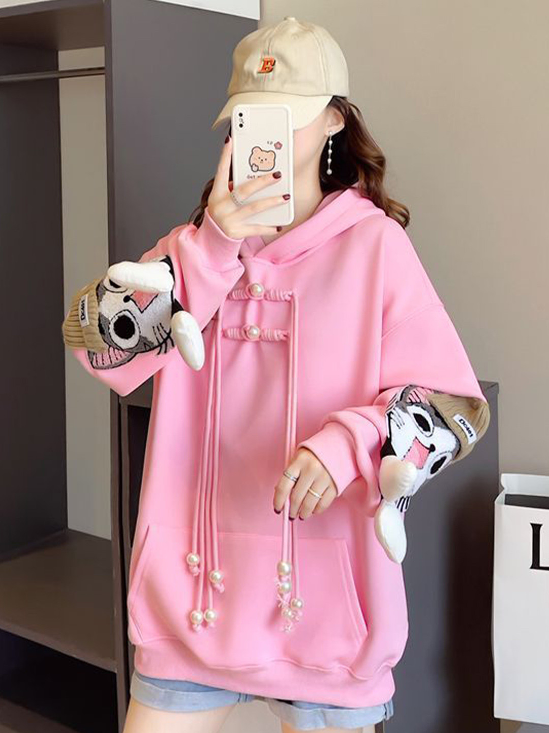 Pink Hooded Regular Sweatshirt with Comic Design