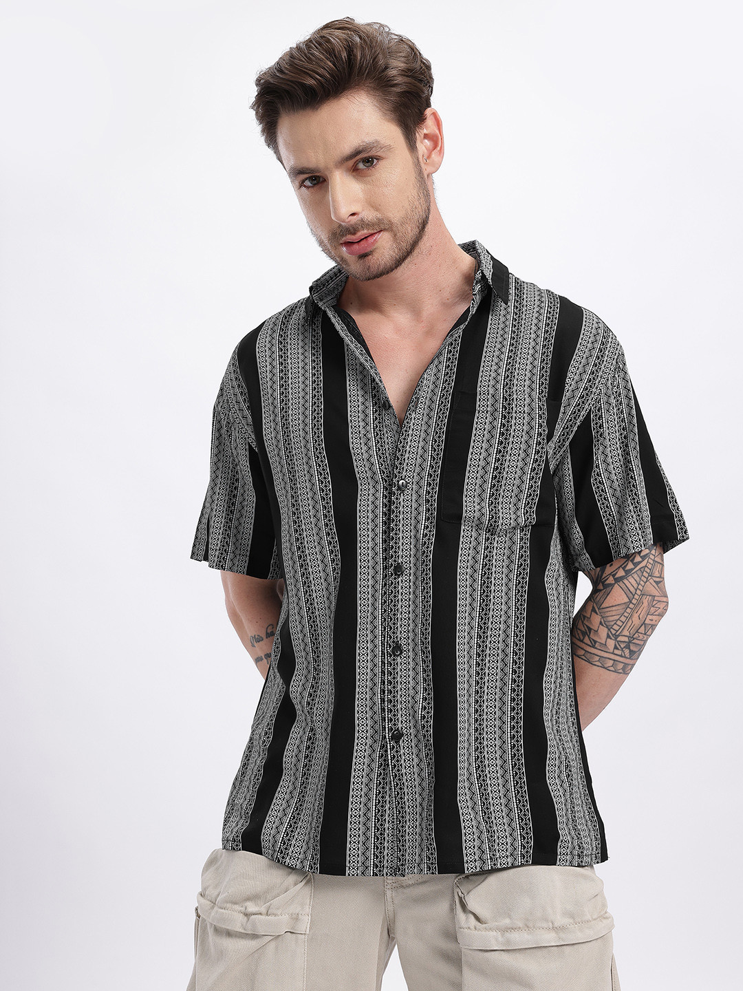 glitchez Vertically Striped Drop-Sleeves Relaxed Fit Shirt with Side Slits