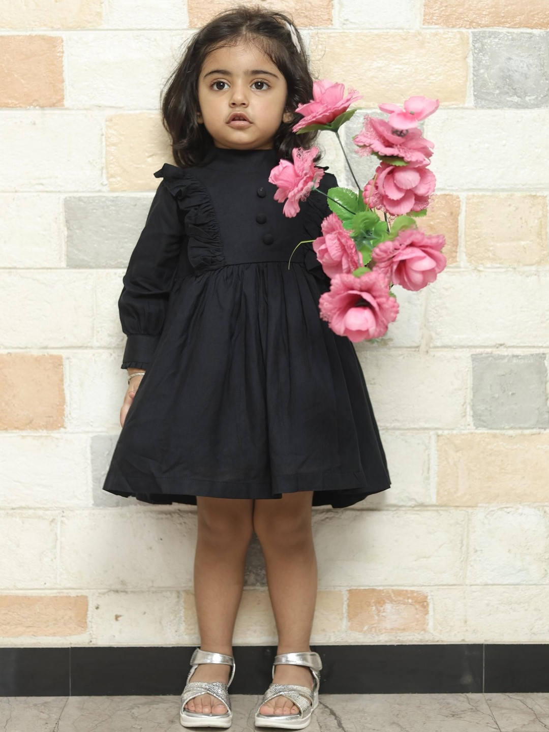 SPIN N TALES Girls Cuffed Sleeves Cotton Fit and Flare Dress With Ruffles Details