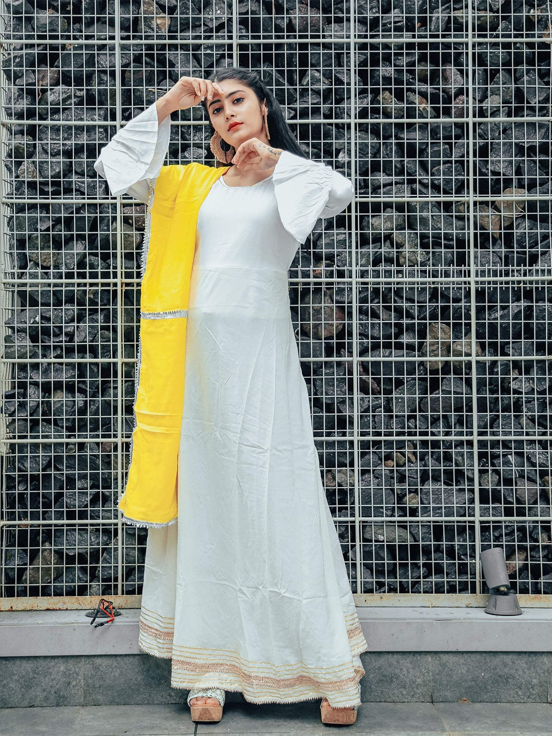 Thread & Button Women Silver White Round Neck Flare Dress With Dupatta