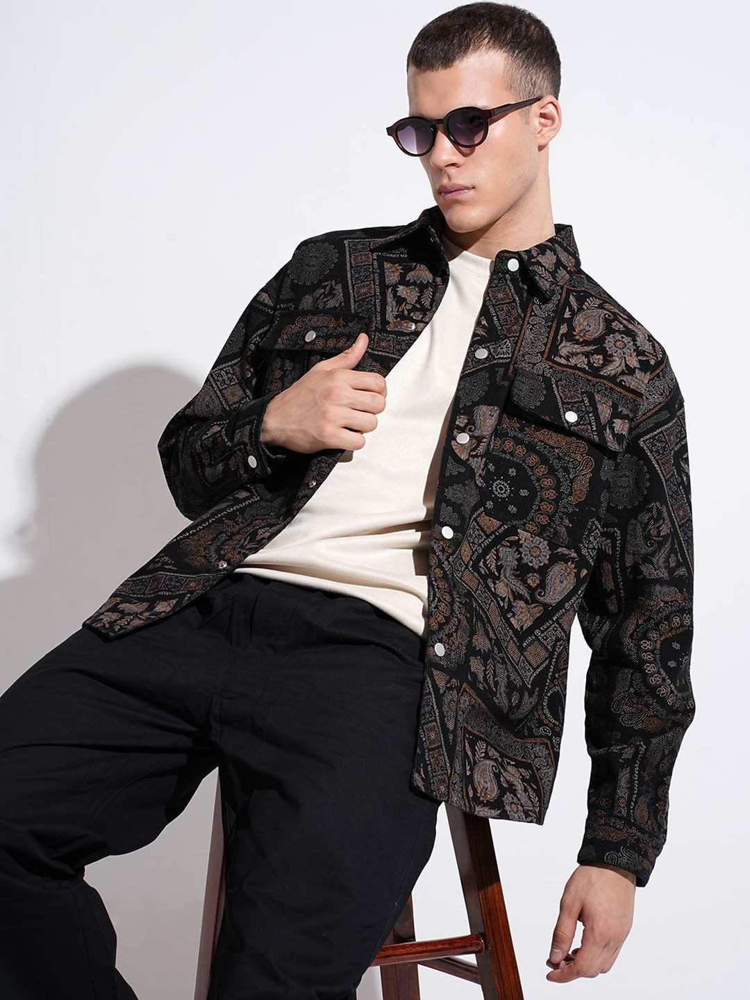 SHOWOFF Men Black Geometric & Floral Cotton Printed Shacket