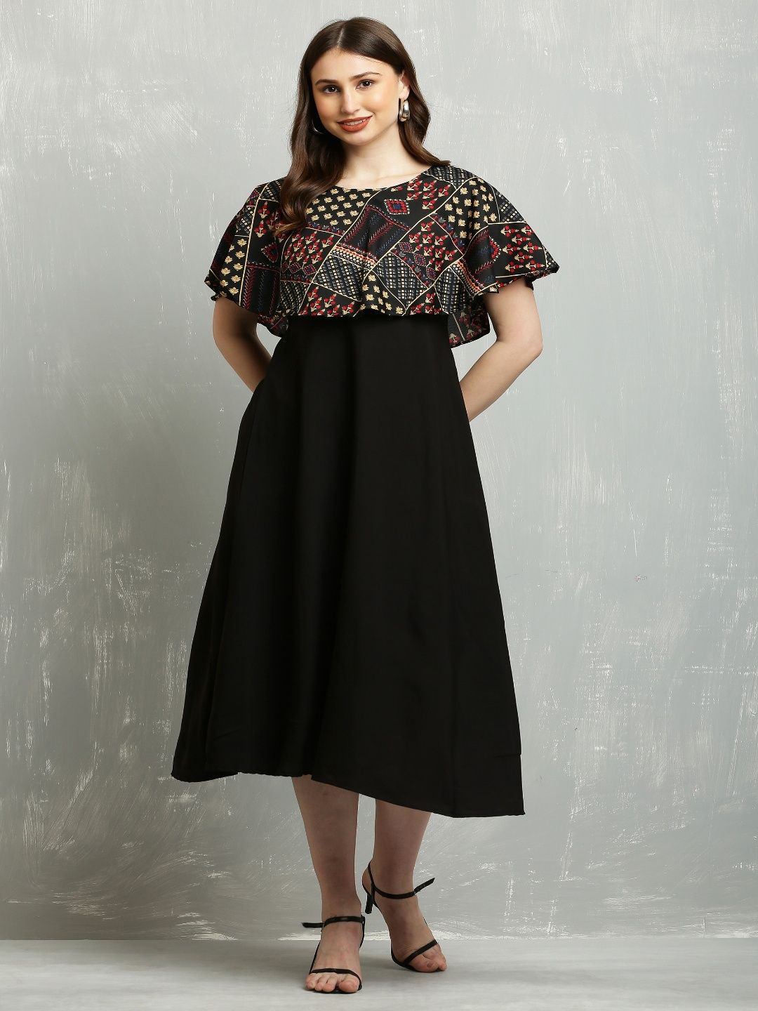 MANGGO Geometric Printed Cape Sleeve A-Line Midi Dress