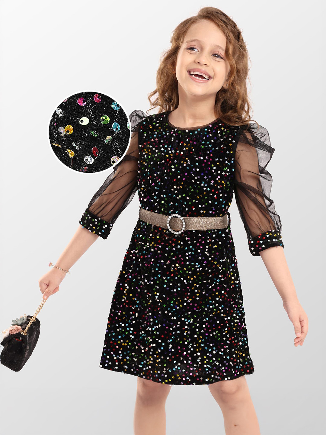 Hola Bonita Girls Full Sleeves Sequin Velvet Dress with Belt
