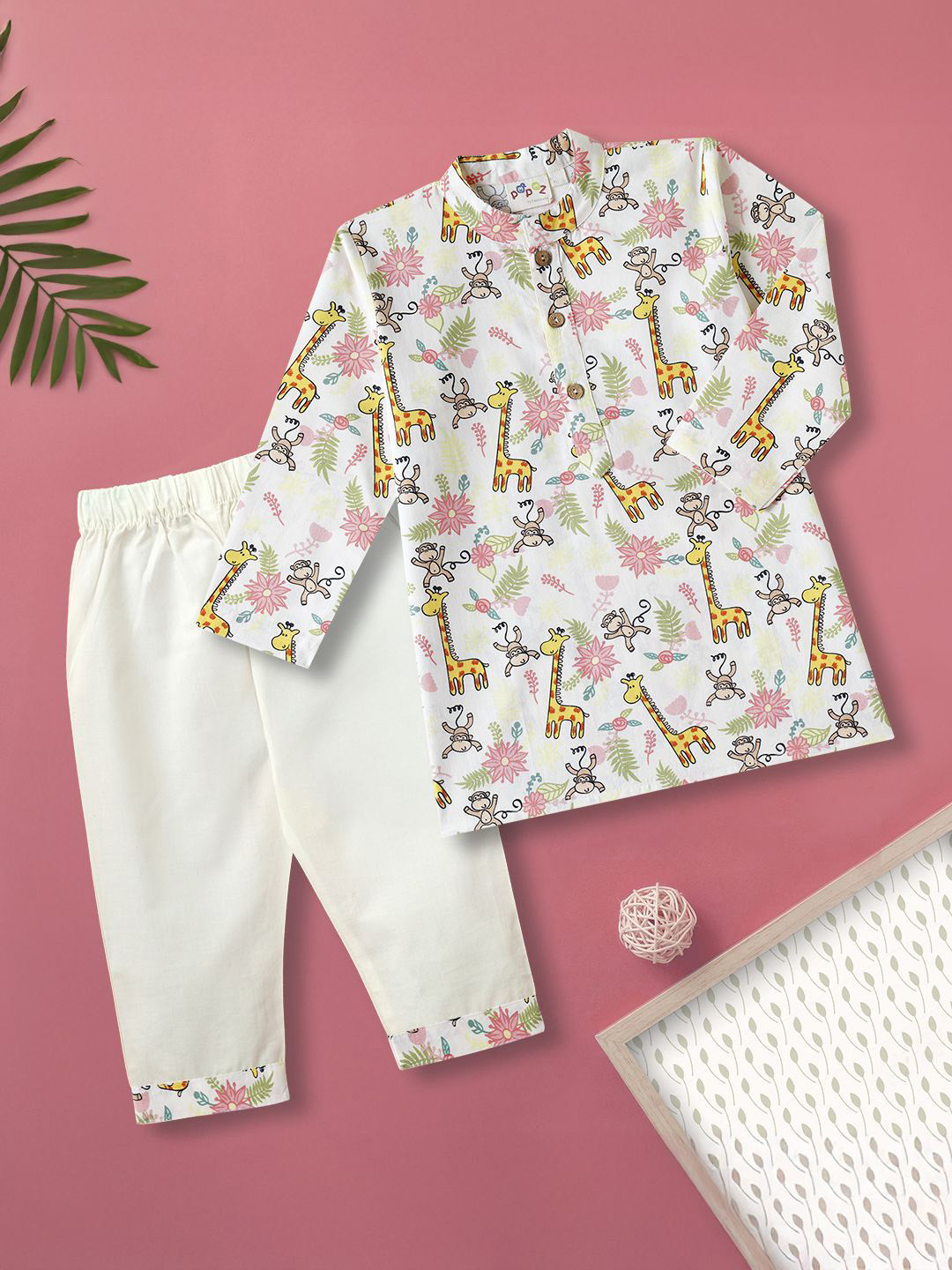 Desi Soota Boys Floral Giraffe & Monkey Printed Pure Cotton Kurta with Pyjamas