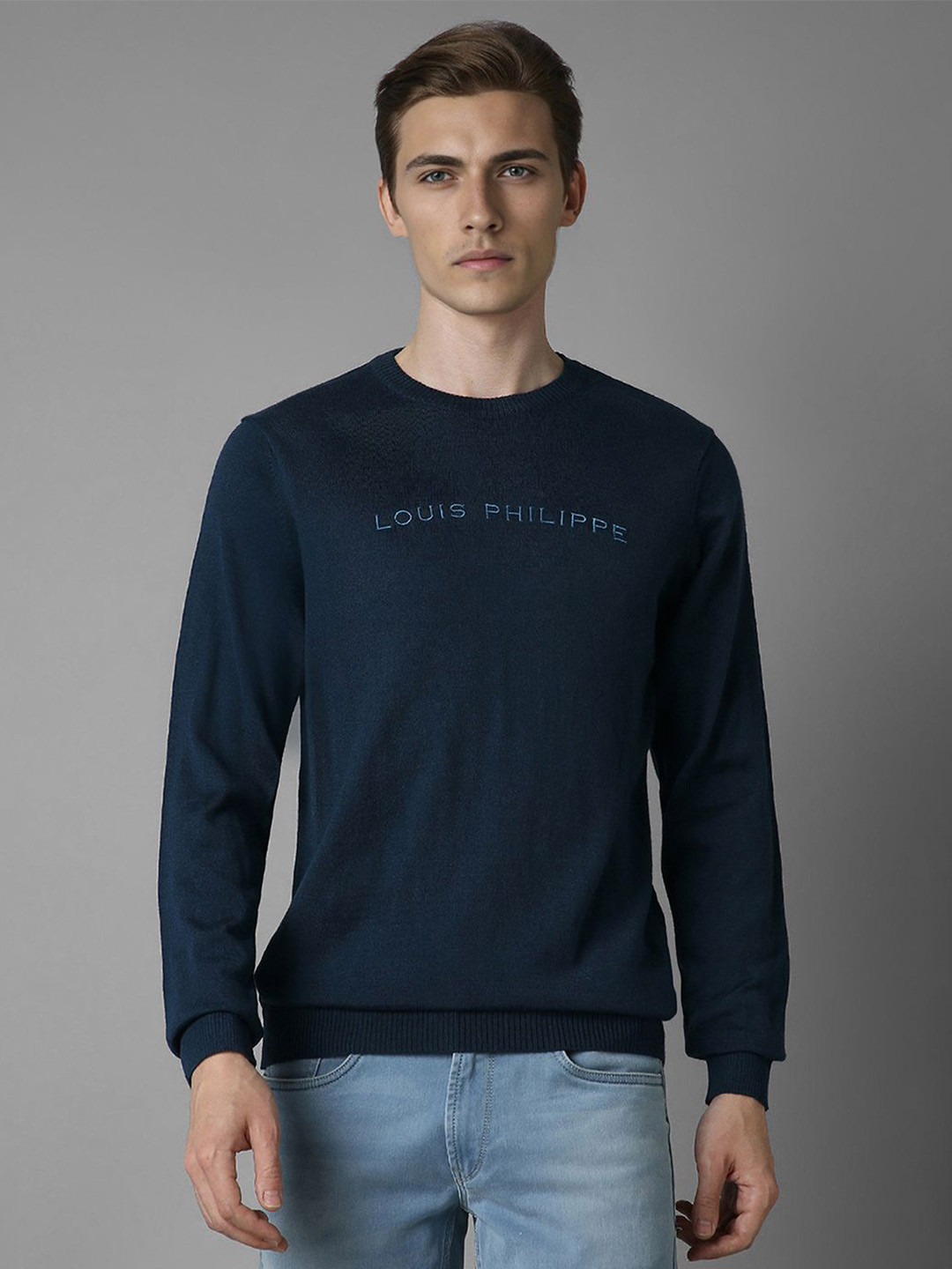 Louis Philippe Embroidered Crew Neck Full Sleeves Pullover Sweater