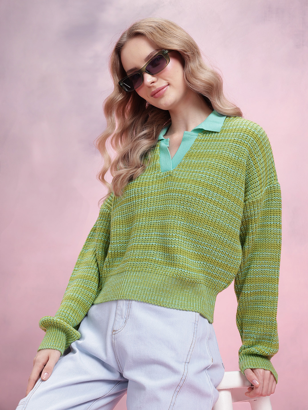 DressBerry Contrast Collar Self-Striped Ribbed Pullover