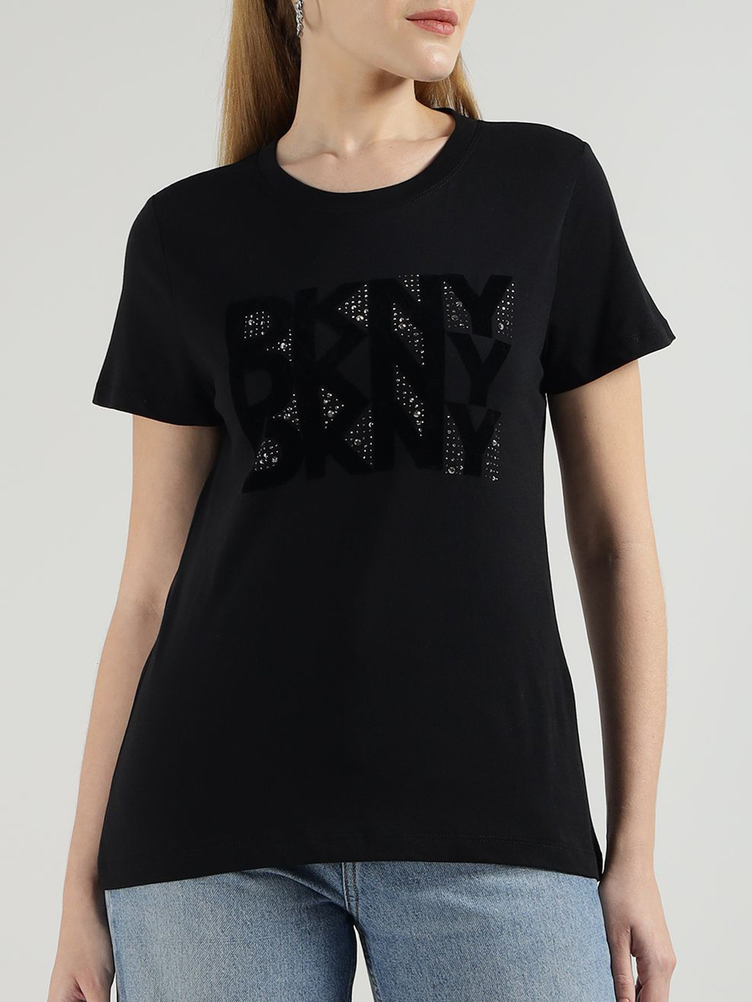 DKNY Brand Logo Printed Rhinestone Round Neck Regular Fit T-shirt