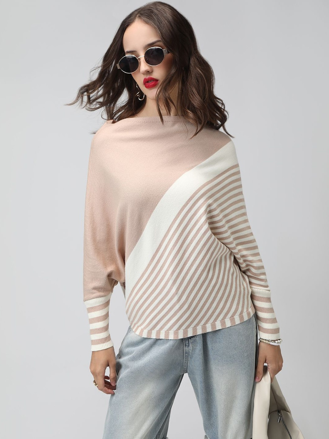 SHOWOFF Women Beige Striped Cotton Tops