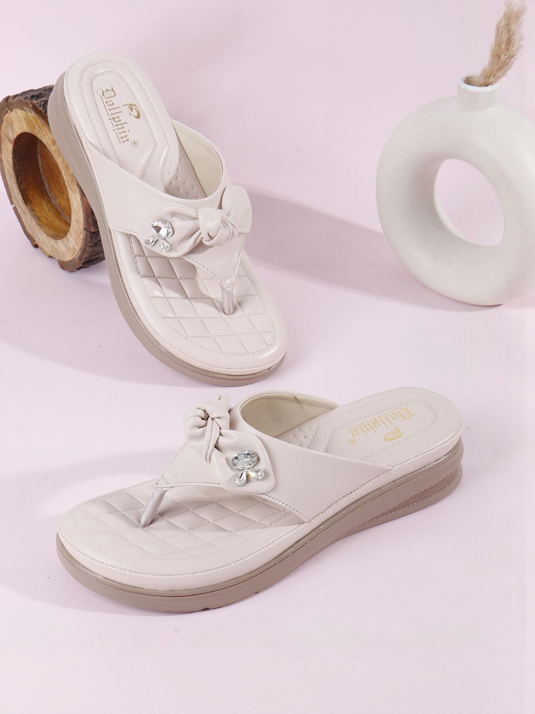 Dollphin Women Cream Casual Open Toe Flats Round Toe Slip-On Sandal