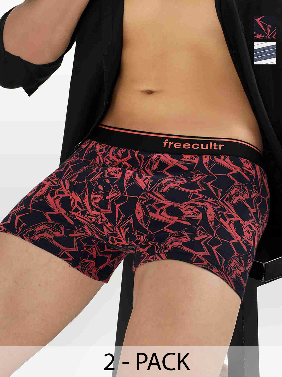 FREECULTR Pack Of 2 Printed Anti Bacterial Long Trunks FC-CTN-PT-T-TL-DWHT-WNVY-02