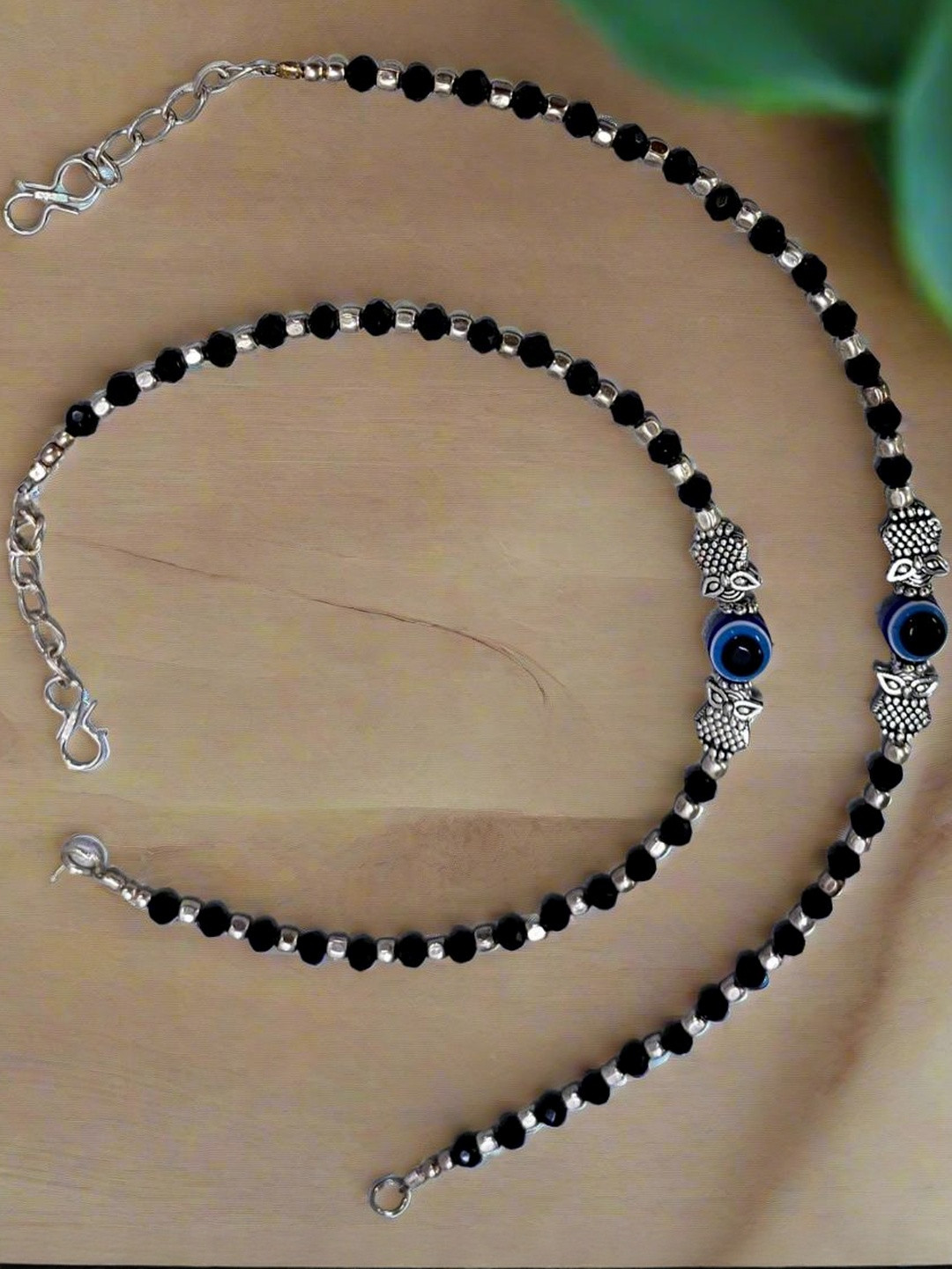 Anouk Silver-Plated Black Beaded Owl & Evil Eye Charm Anklet