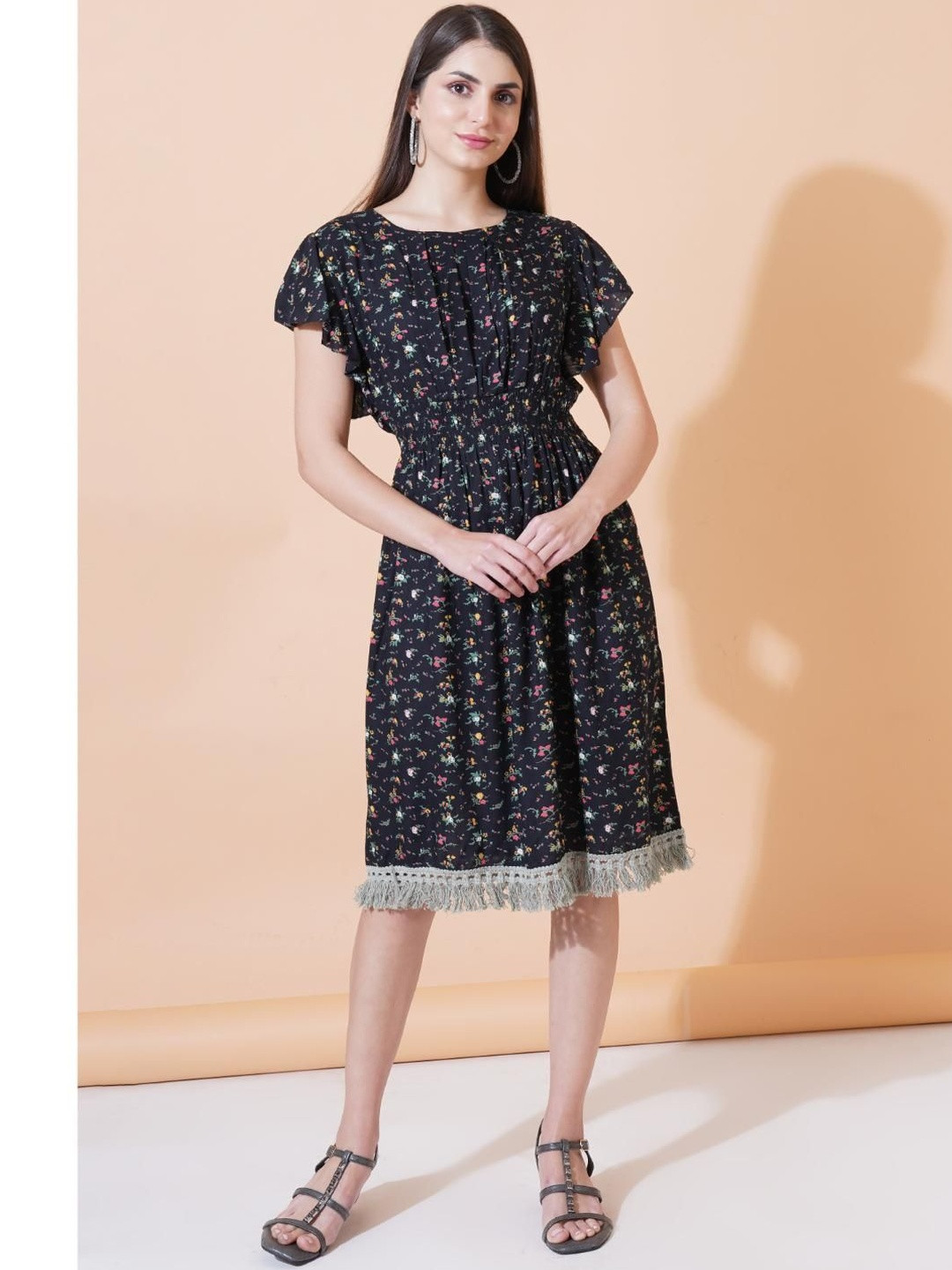 Cherimoda Women Soild Floral Print Smocked Flutter Sleeve Bodycon Midi Dress