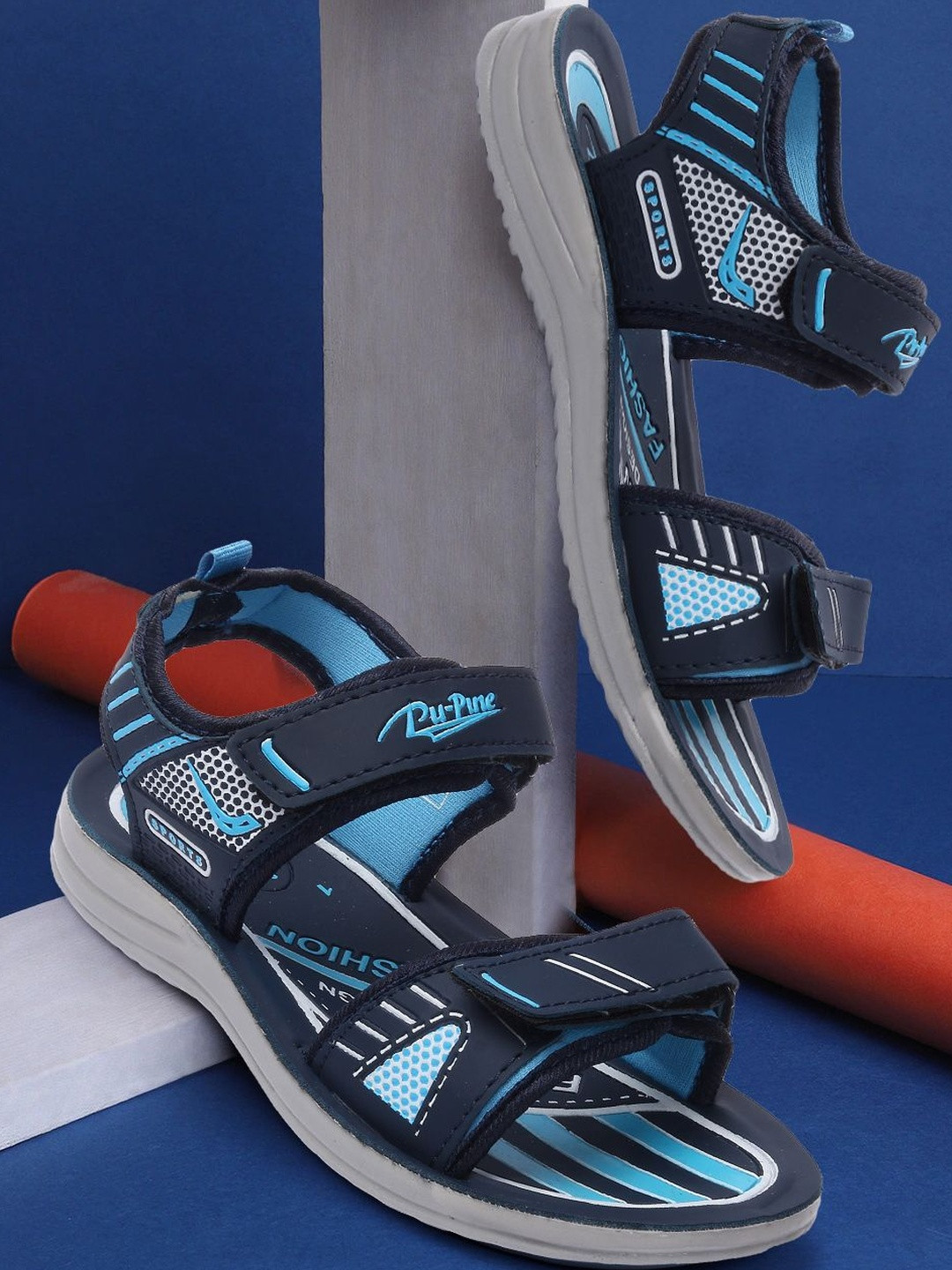 PU-PINE Boys Navy Blue PU Velcro Sports Sandals