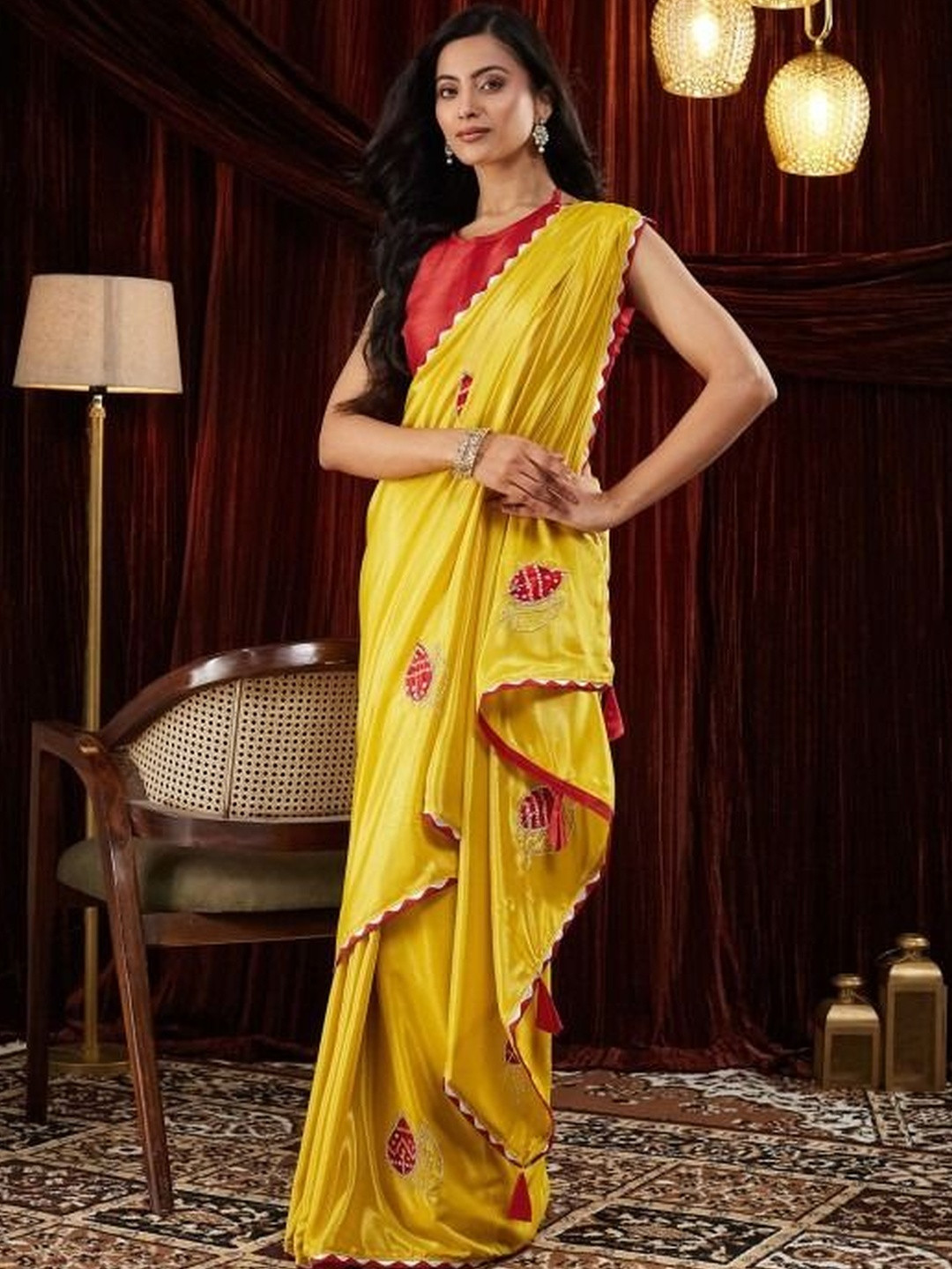 Elite Fashion Yellow Silk Blend Solid Sarees