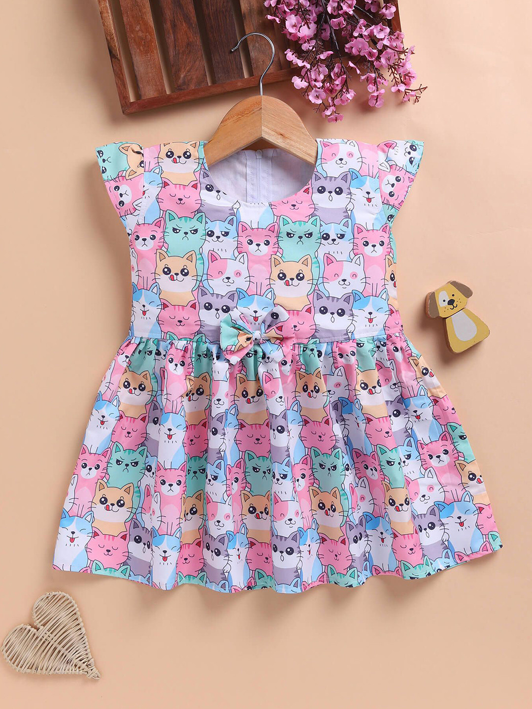 Toonyport Girls Cartoon Characters Printed Bow Cotton Fit and Flare Above Knee Dresses