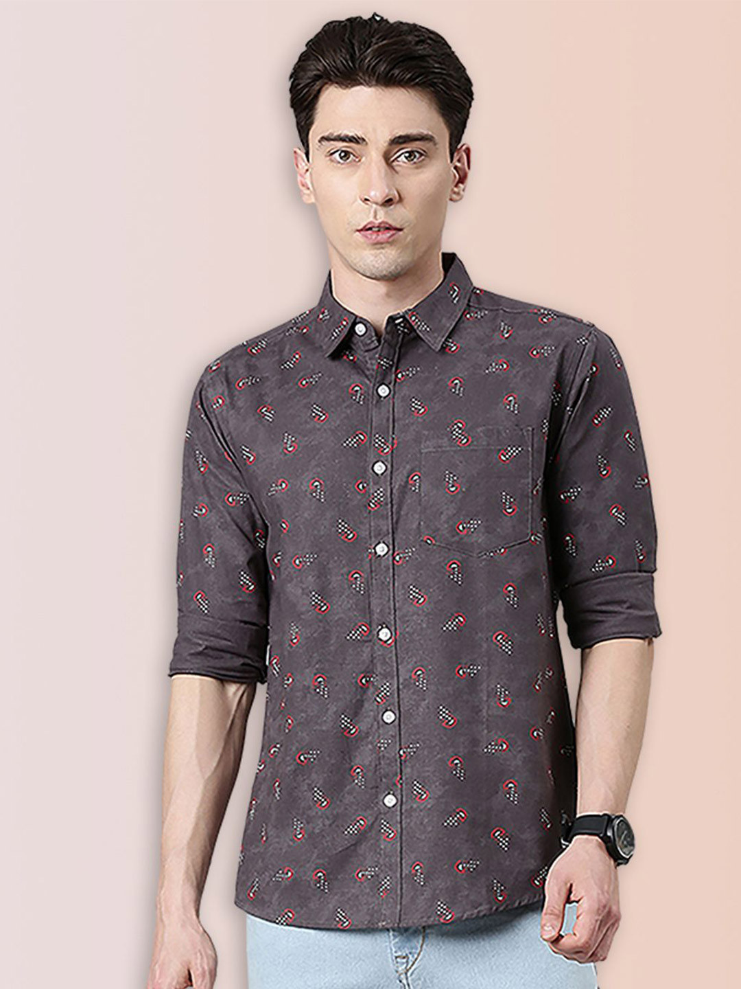 Broon Men Slim Fit Floral Printed Spread Collar Cotton Casual Shirt