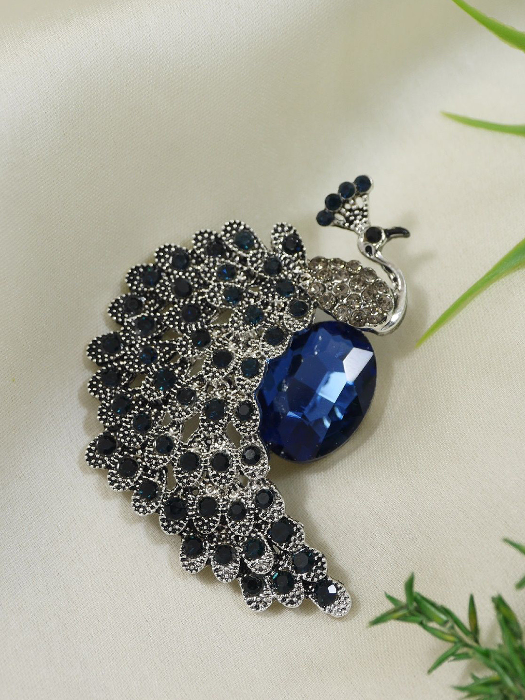 ADORN Unisex Blue & White Peacock Rhinestone Studded Statement Brooch