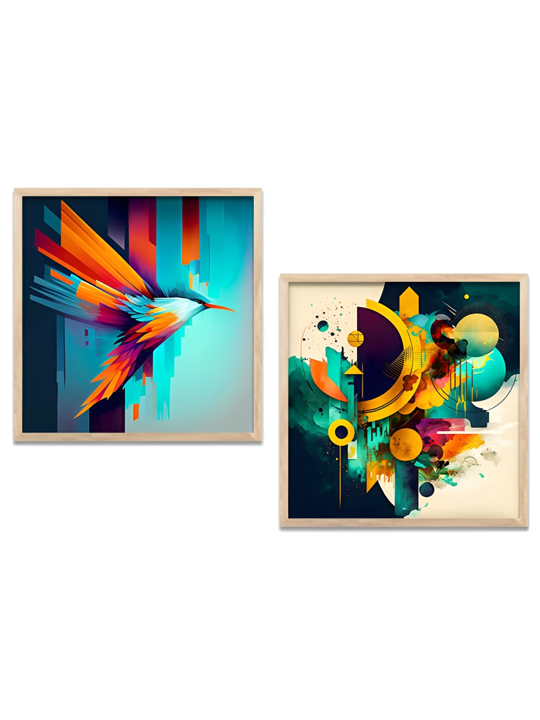 Kotart Blue & Orange 2 Pieces Modern Wooden Square Wall Arts