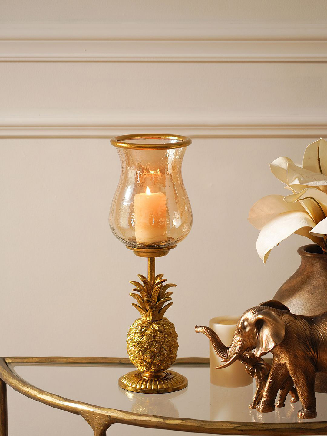 Pure Home and Living Gold-Toned Pineapple Hurricane Aluminium Candle Holder