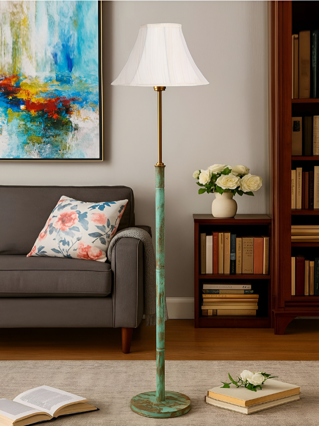 Devansh Off-White & Green Textured Drum Shade Floor Lamp