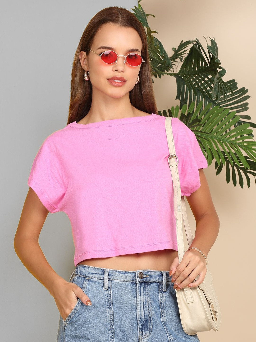 SZN Women Dolman Sleeves Boat Neck Crop T-shirt