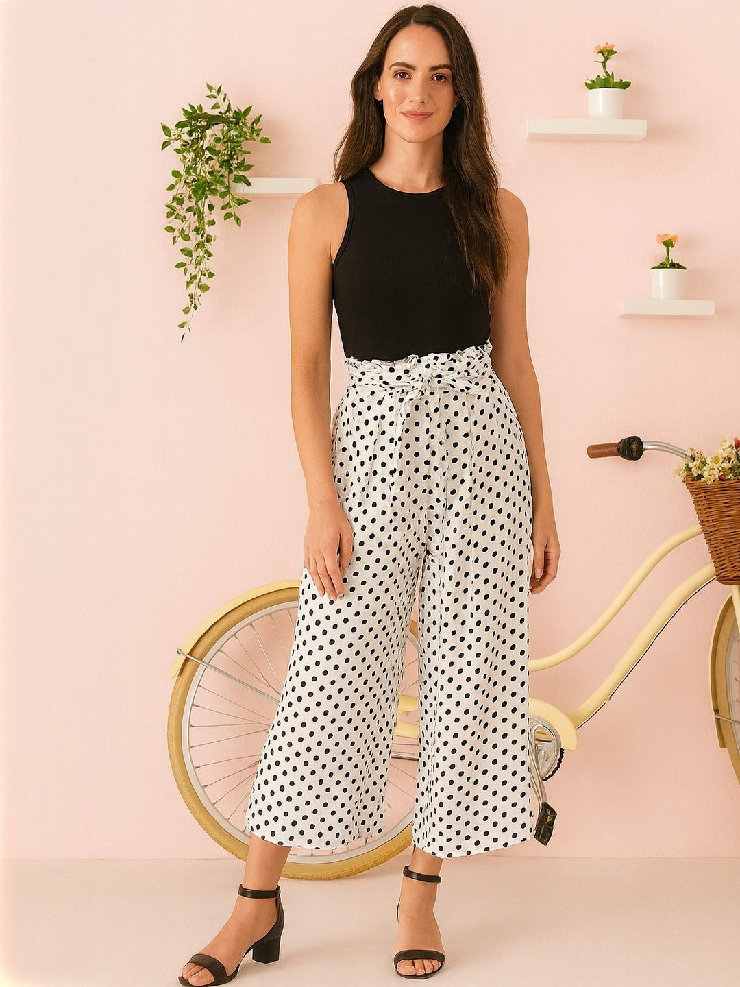 HERE&NOW White Polka Dot Print Plazzo with Ruffles