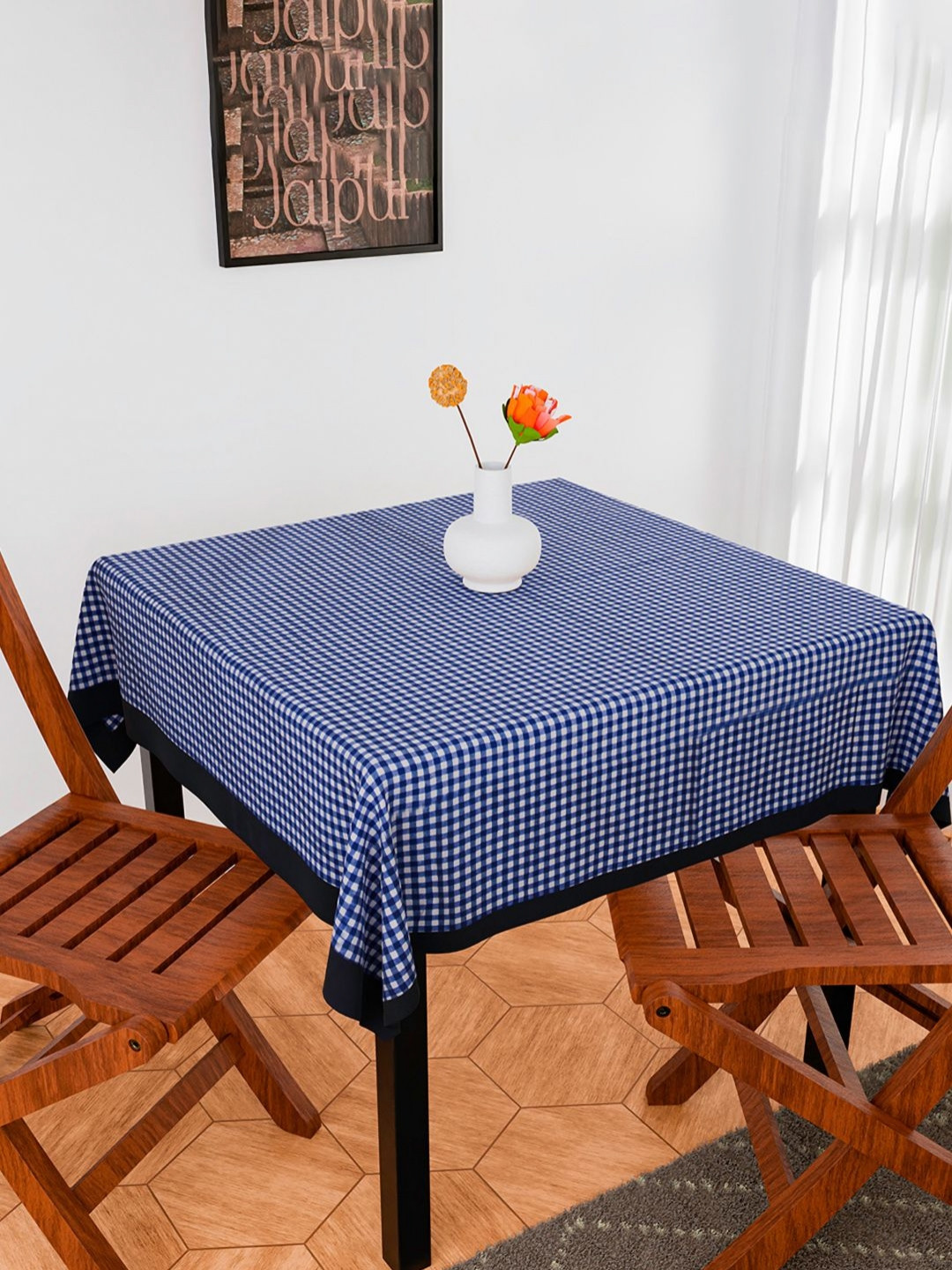 Aura Blue & White Barik Check Cotton Anti-Skid Rectangle 4 Seater Table Cover