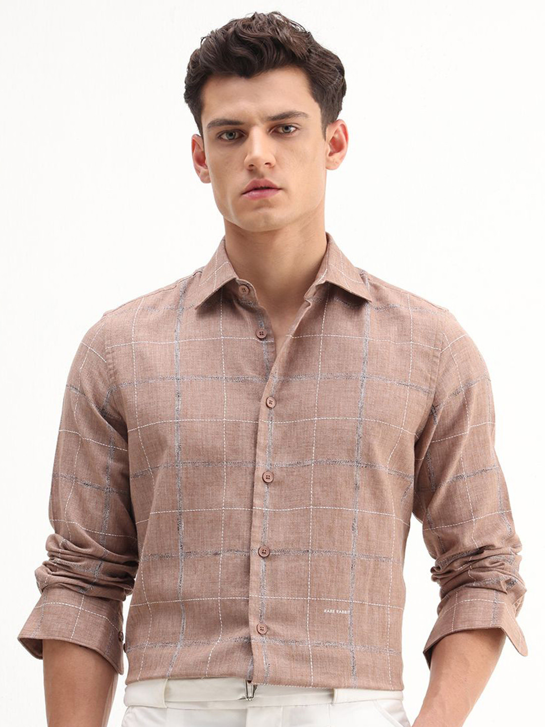 RARE RABBIT Men Smart Slim Fit Windowpane Checked Spread Collar Formal Shirt