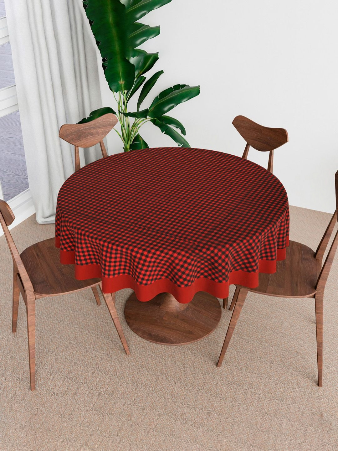 Aura Maroon & Black Geometric Printed Cotton Round 4-Seater Table Cover