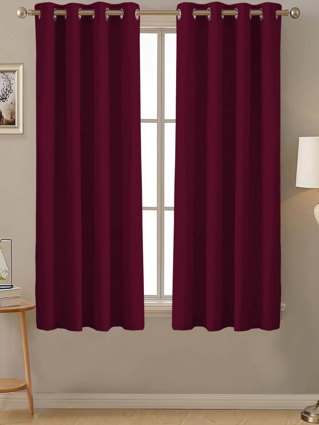 Aura Maroon 2 Pieces Printed Black Out Window Curtains