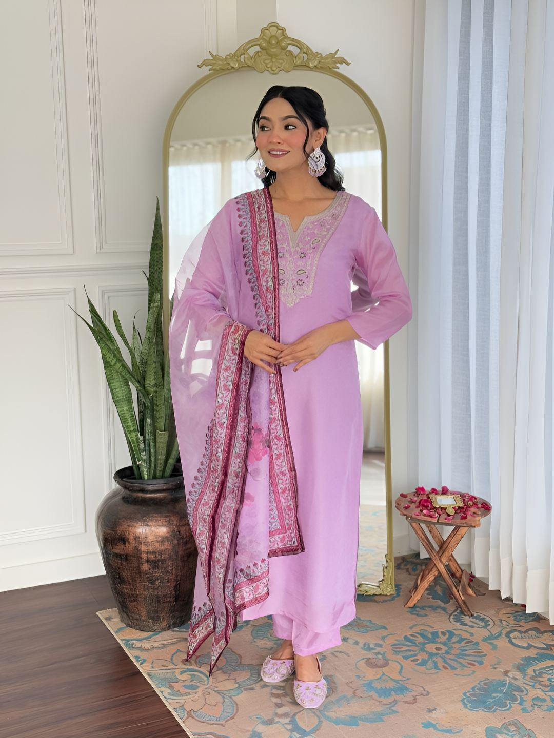 Brand Hill Yoke Design Notch Neck Thread Work Straight Kurta With Trousers & Dupatta