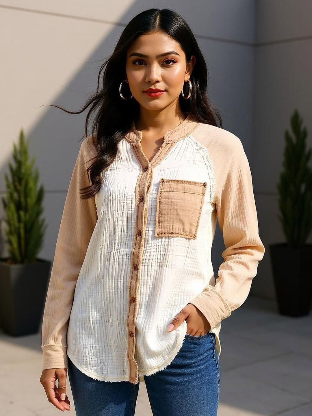 GLAM & CHIQUE Women Textured Oversized Shirt with Patch Pocket