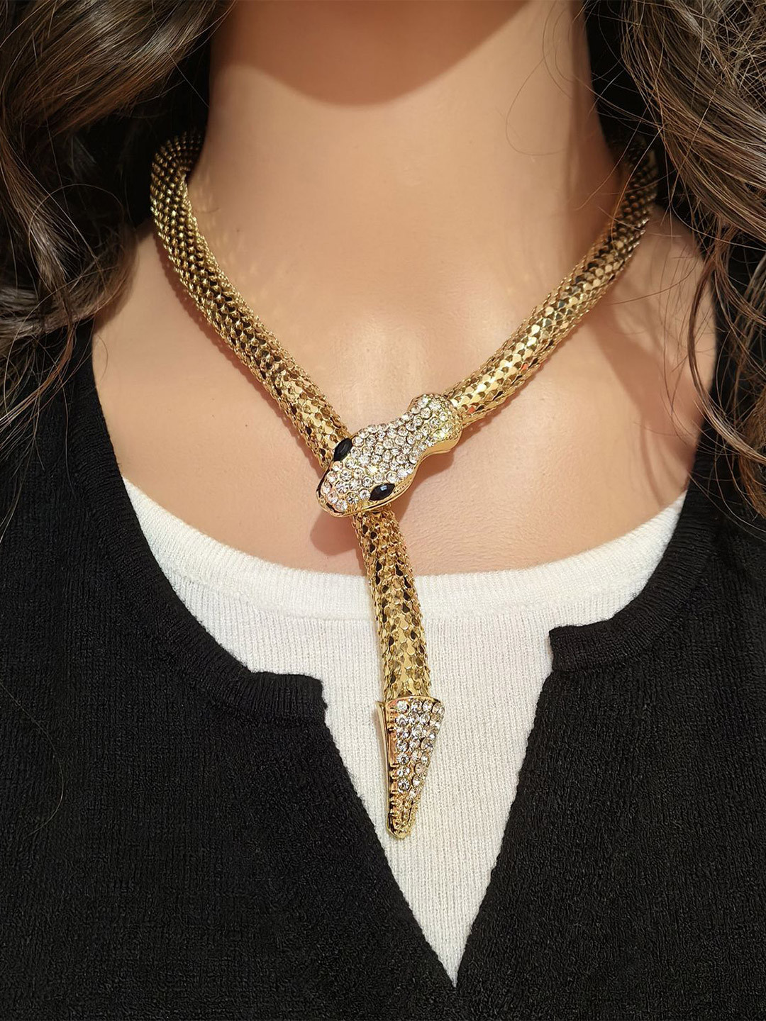 Shining Diva Fashion Gold-Plated Crystals Studded Snake  Shaped Statement Necklace