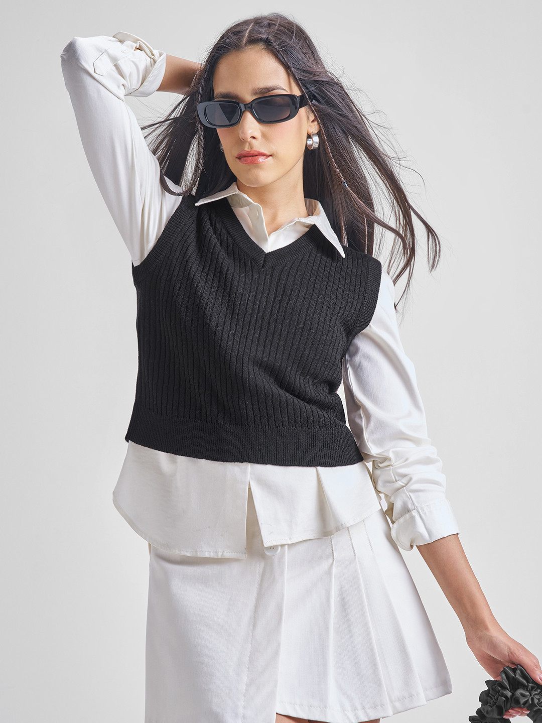 Basics By Tokyo Talkies Women Black Crop Sweater Vest