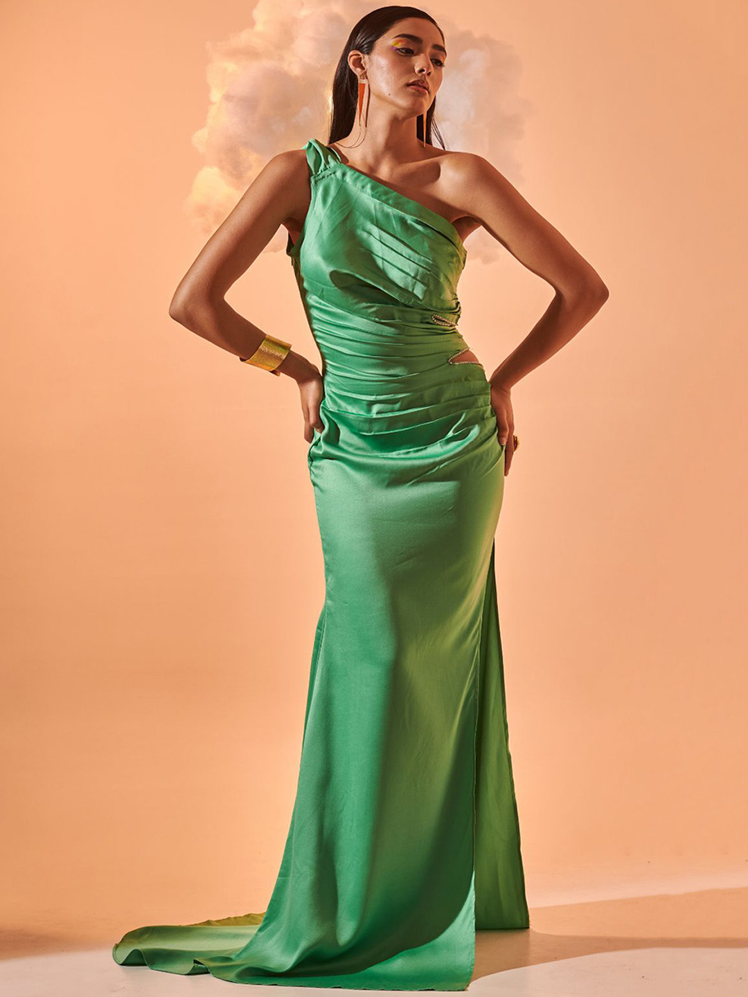 LOVEPRASHA Women One Shoulder Cut-Out Draped Satin Maxi Dress